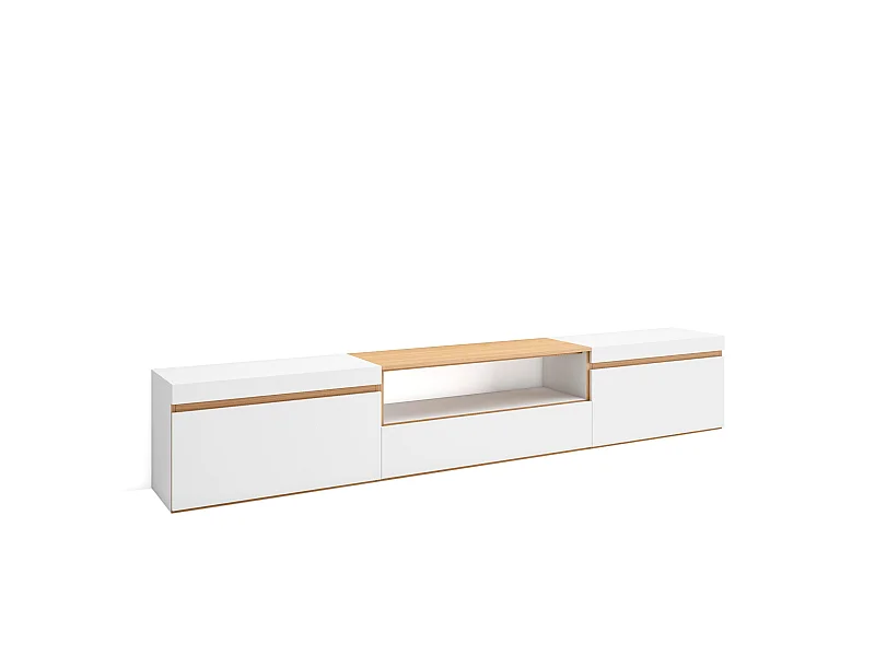 Mobile TV Soggiorno, 260x35x45cm, TV di grande formato, Mobile Soggiorno, Bianco e Rovere soft