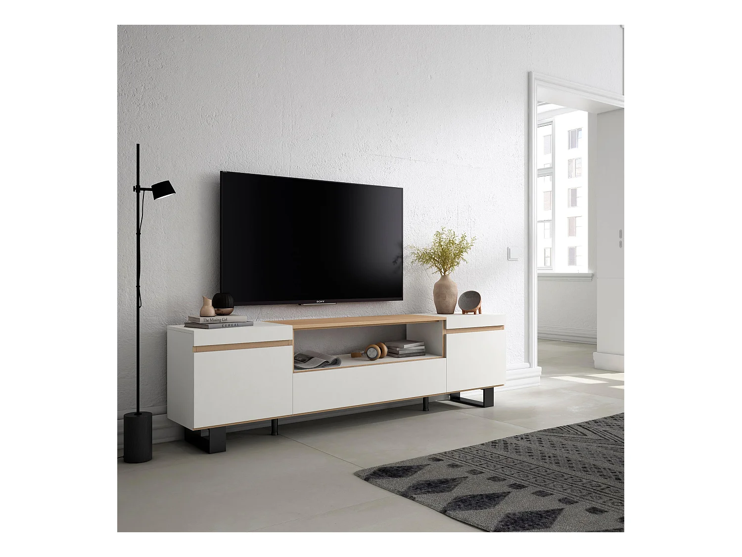 Meuble TV, Banc Télé, 200x35x57cm, Pour les TV jusqu'à 80", Design industriel, Blanc et Chêne Soft