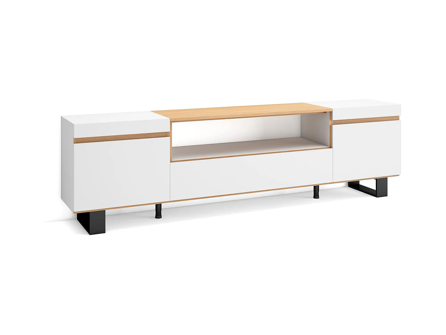 Meuble TV, Banc Télé, 200x35x57cm, Pour les TV jusqu'à 80", Design industriel, Blanc et Chêne Soft