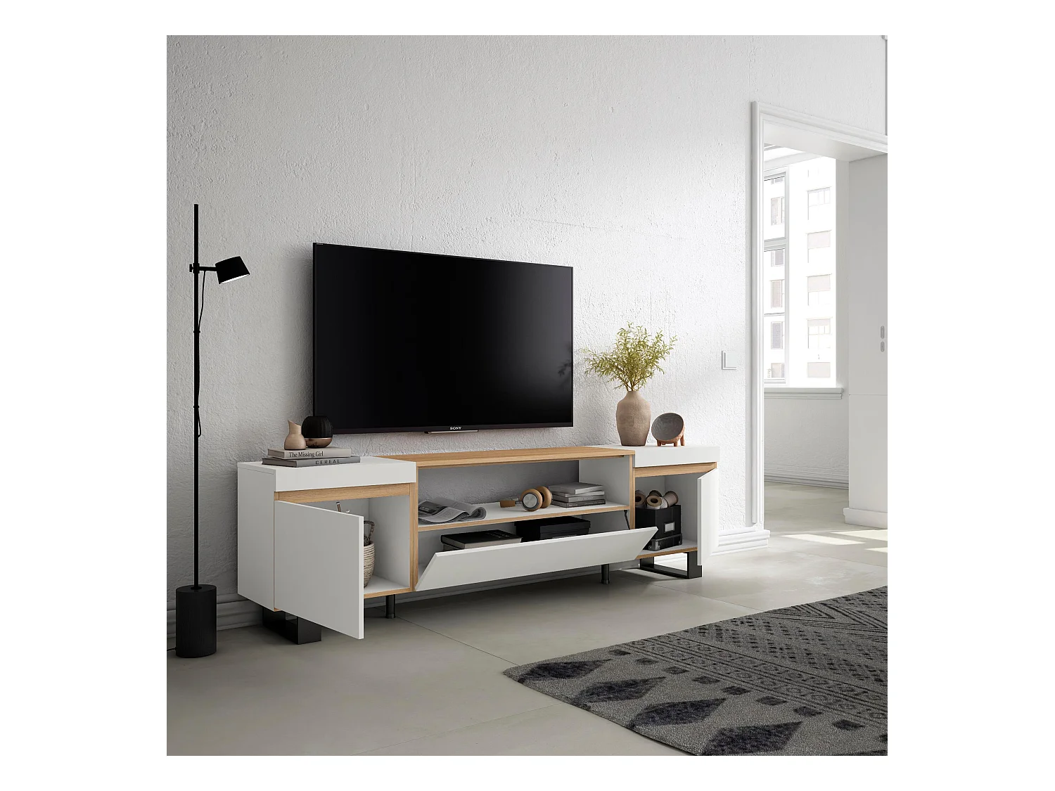 Meuble TV, Banc Télé, 200x35x57cm, Pour les TV jusqu'à 80", Design industriel, Blanc et Chêne Soft
