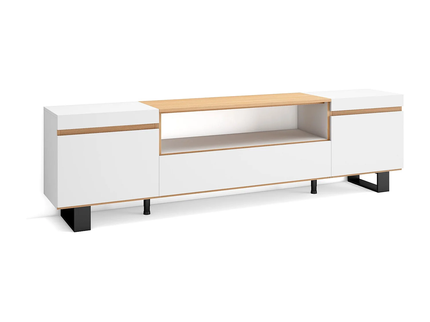 Meuble TV, Banc Télé, 200x35x57cm, Pour les TV jusqu'à 80", Design industriel, Blanc et Chêne Soft