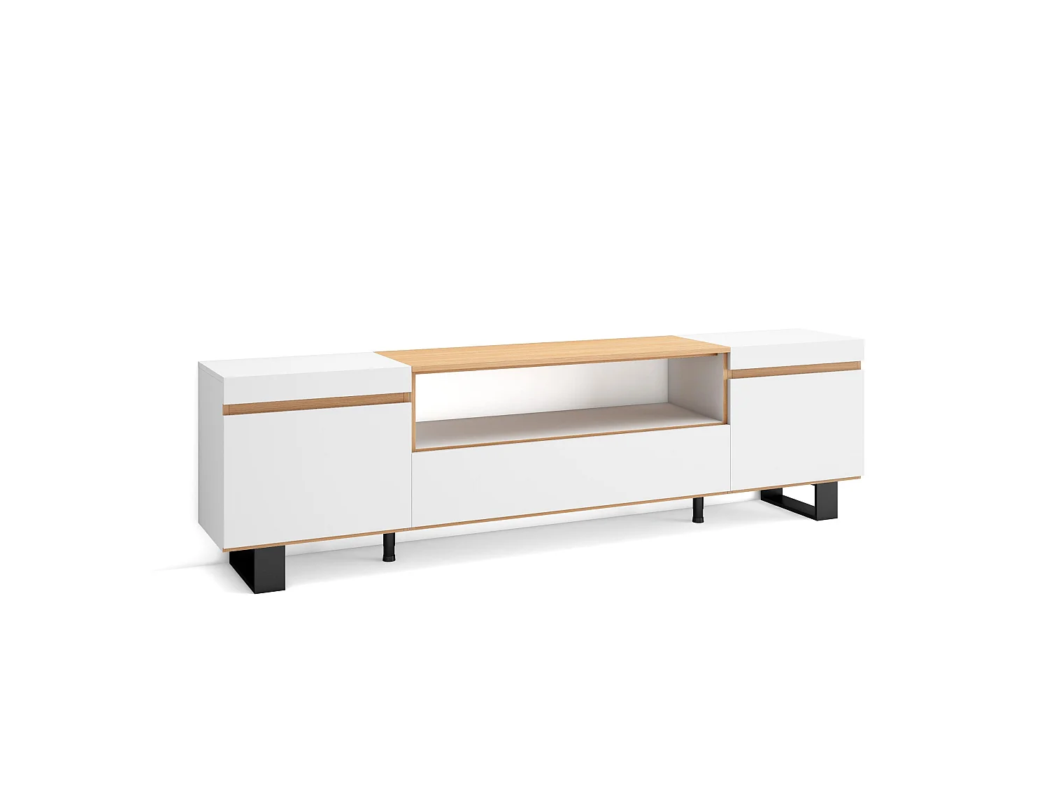 Móvel de TV, 200x35x57cm, Para televisores até 80", Design industrial, Branco e Carvalho soft