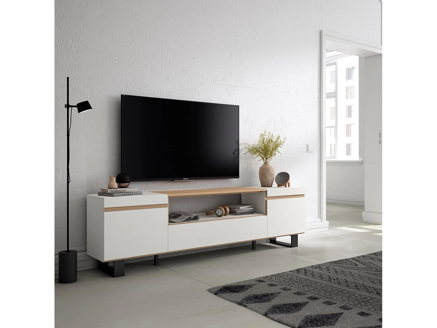 Móvel de TV, 200x35x57cm, Para televisores até 80", Design industrial, Branco e Carvalho soft