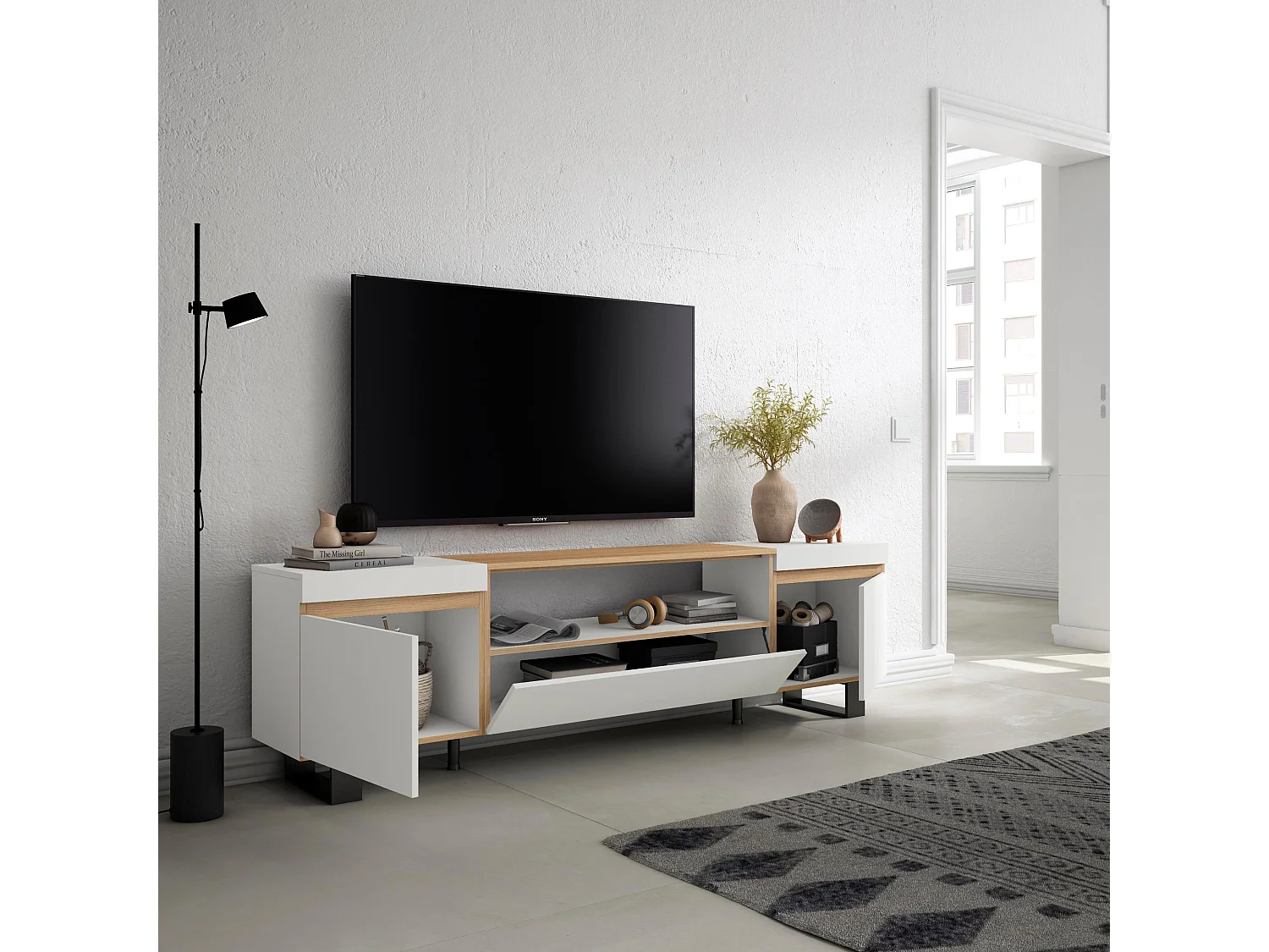 Móvel de TV, 200x35x57cm, Para televisores até 80", Design industrial, Branco e Carvalho soft