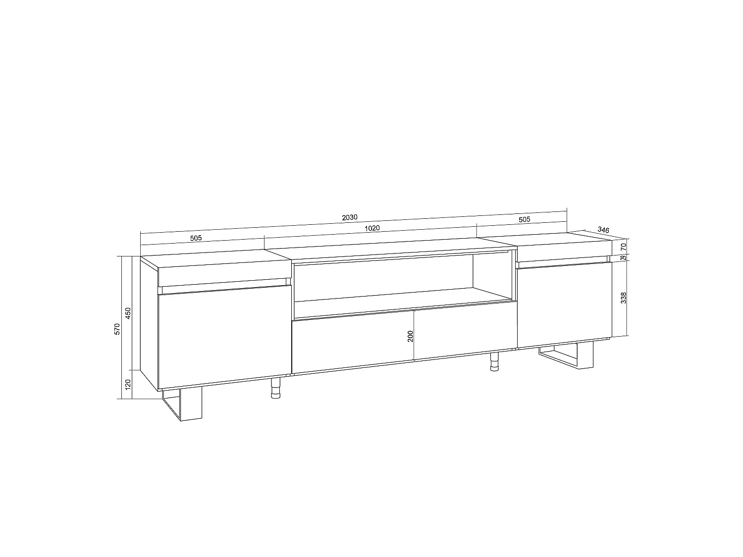 Móvel de TV, 200x35x57cm, Para televisores até 80", Design industrial, Branco e Carvalho soft