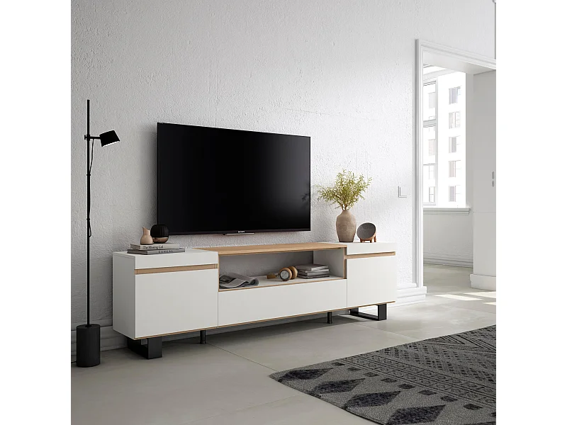 Mobile TV Soggiorno, 200x35x57cm, Per TV fino a 80", Design industriale, Bianco e Rovere soft
