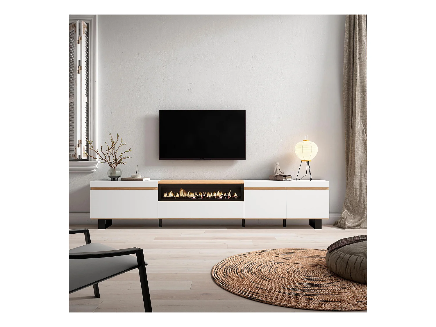 Meuble TV, Banc Télé, 288x35x57 cm, TV grand format, Cheminée électrique, Design industriel, Blanc et Chêne Soft