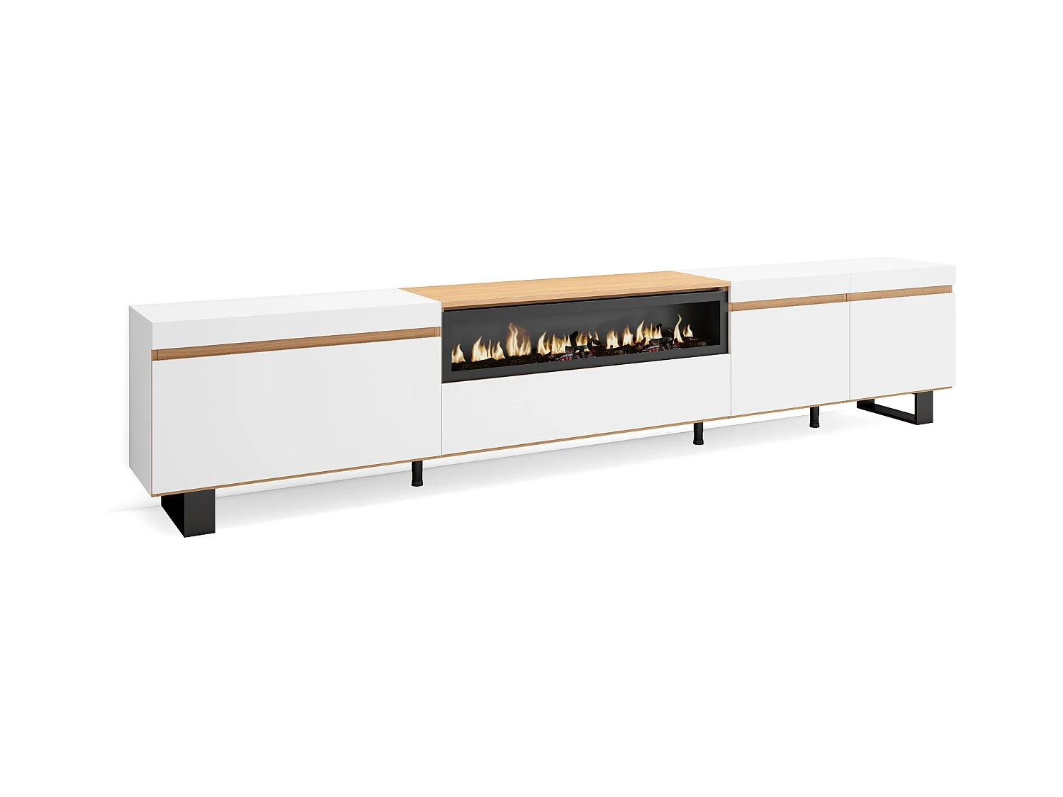 Meuble TV, Banc Télé, 288x35x57 cm, TV grand format, Cheminée électrique, Design industriel, Blanc et Chêne Soft