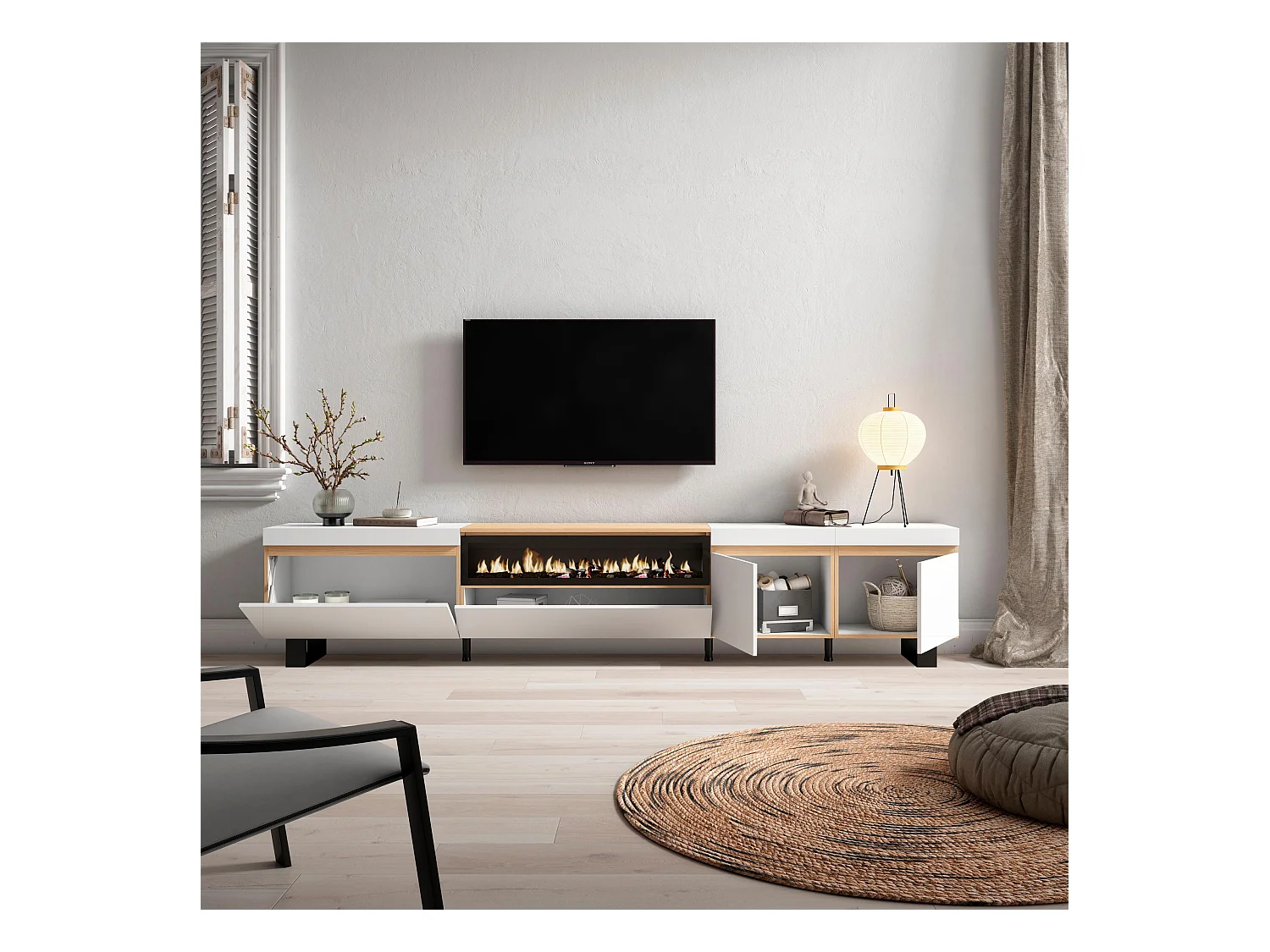 Meuble TV, Banc Télé, 288x35x57 cm, TV grand format, Cheminée électrique, Design industriel, Blanc et Chêne Soft