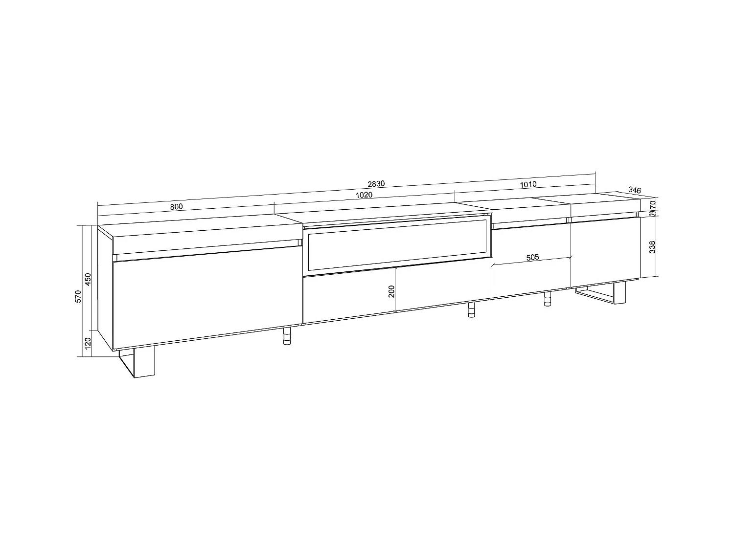 Meuble TV, Banc Télé, 288x35x57 cm, TV grand format, Cheminée électrique, Design industriel, Blanc et Chêne Soft