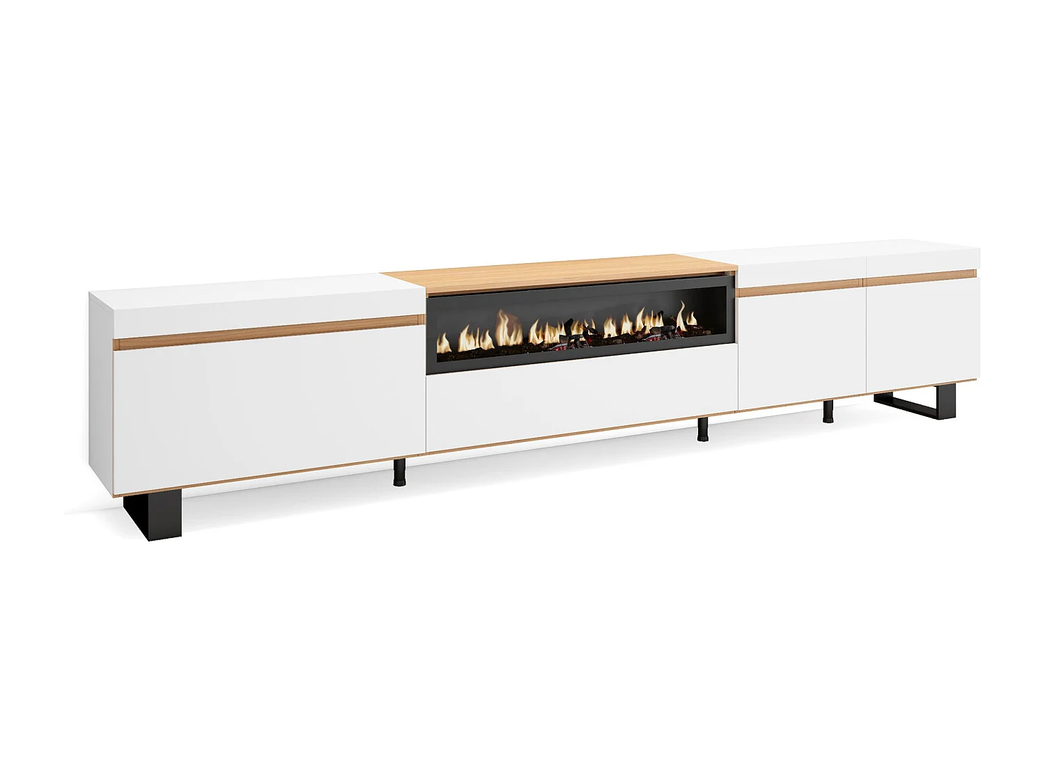 TV-Meubel, Lowboard, 288x35x57cm, Groot formaat TV, Elektrische haard, Industrieel design, Wit en Eiken soft