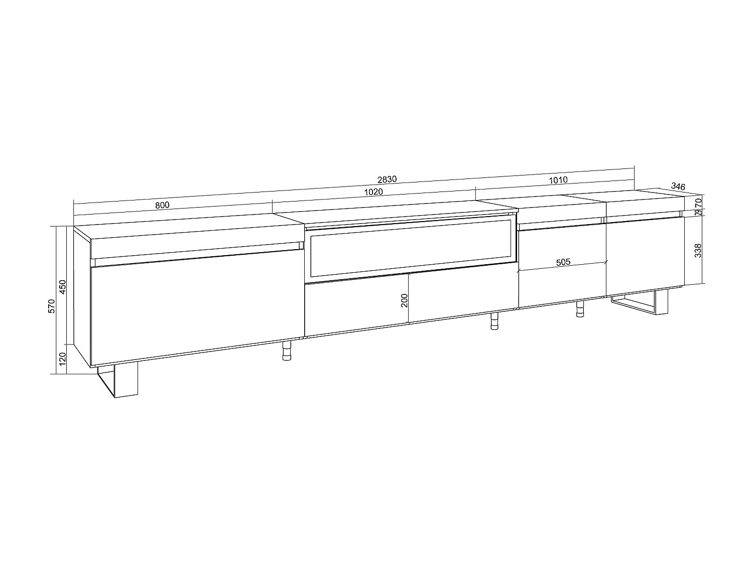 TV-Meubel, Lowboard, 288x35x57cm, Groot formaat TV, Elektrische haard, Industrieel design, Wit en Eiken soft