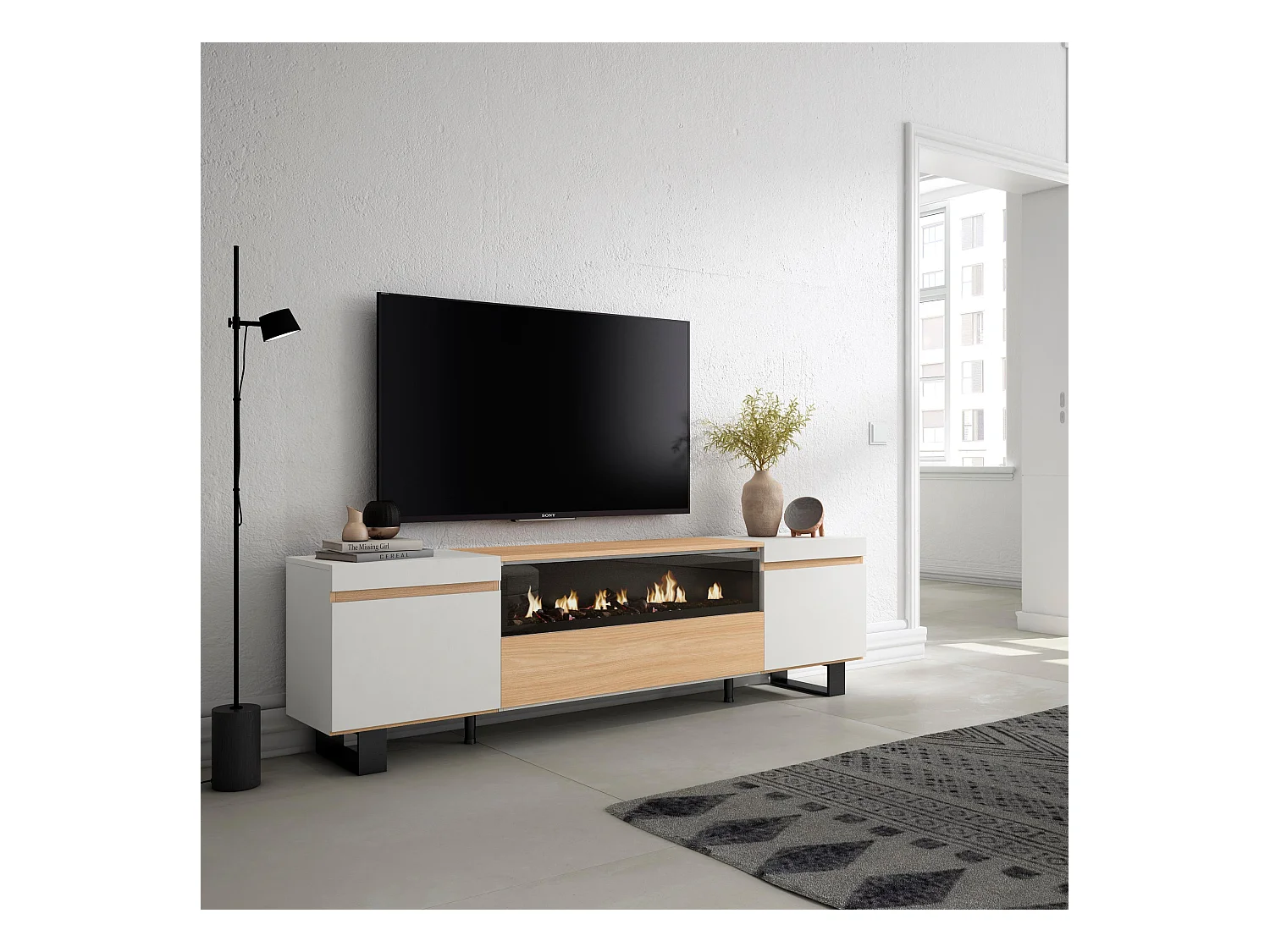 Meuble TV, Banc Télé, 200x35x57cm, Pour les TV jusqu'à 80", Cheminée électrique, Design industriel, Chêne soft et blanc