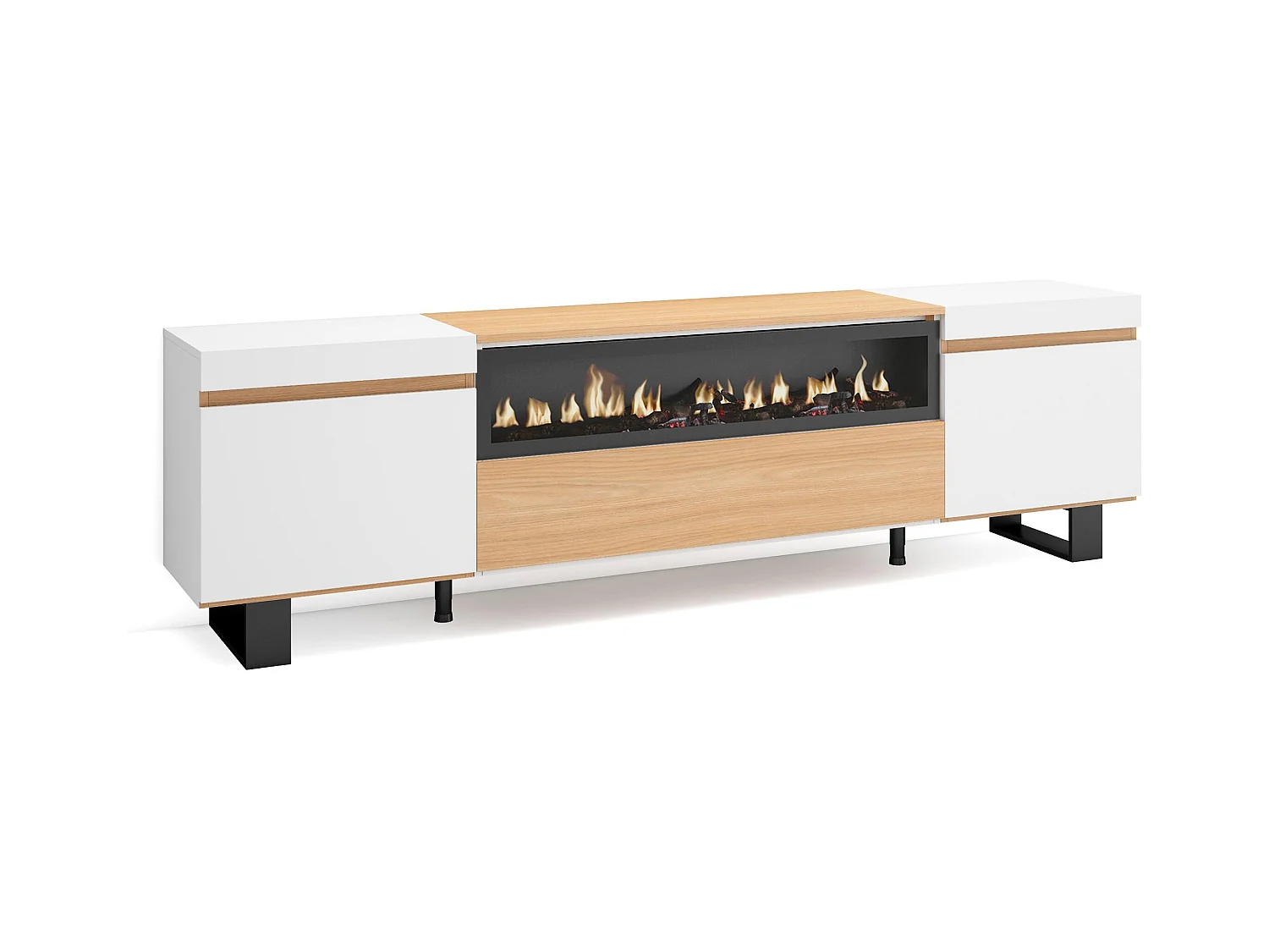 Meuble TV, Banc Télé, 200x35x57cm, Pour les TV jusqu'à 80", Cheminée électrique, Design industriel, Chêne soft et blanc