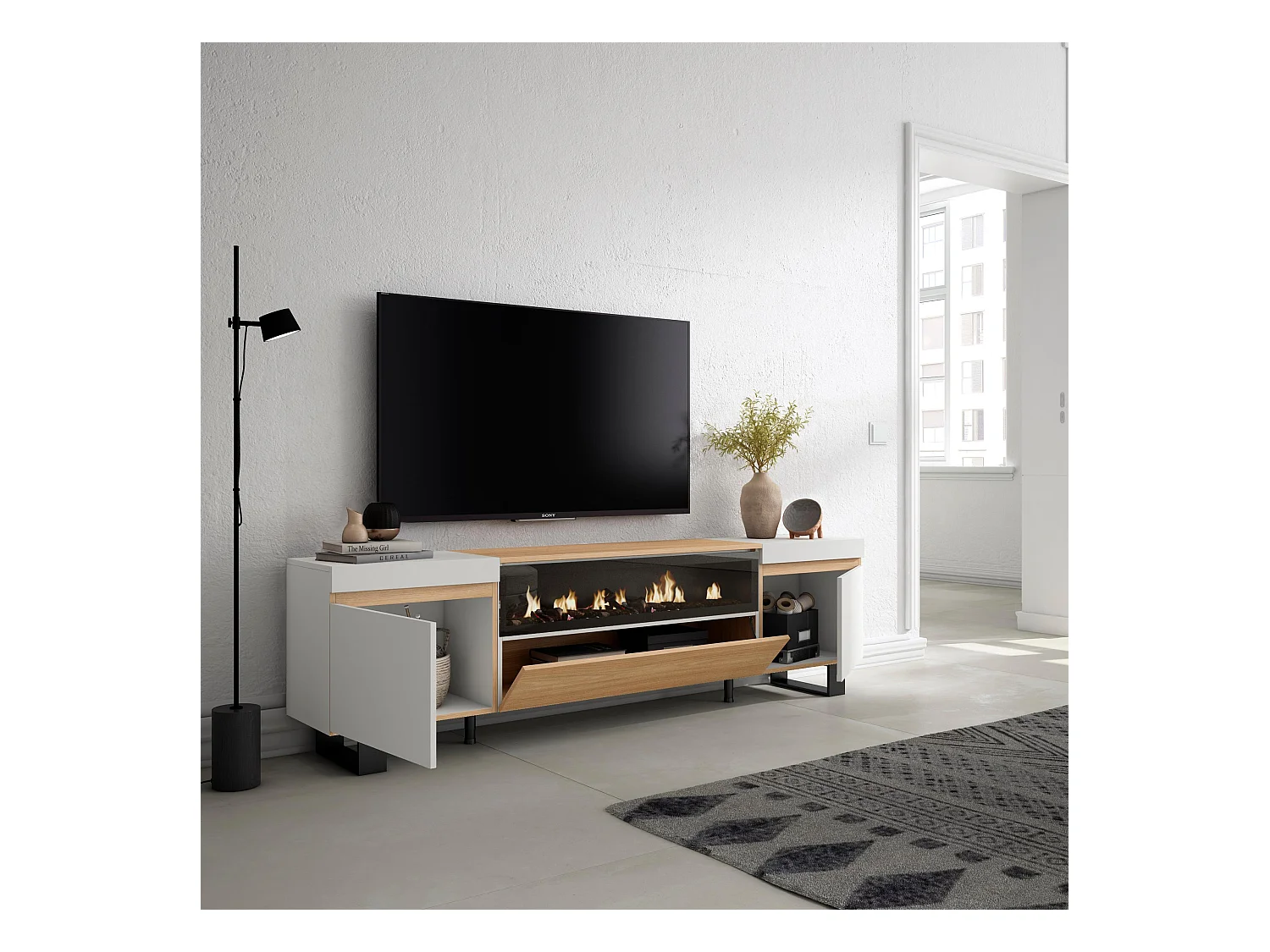 Meuble TV, Banc Télé, 200x35x57cm, Pour les TV jusqu'à 80", Cheminée électrique, Design industriel, Chêne soft et blanc