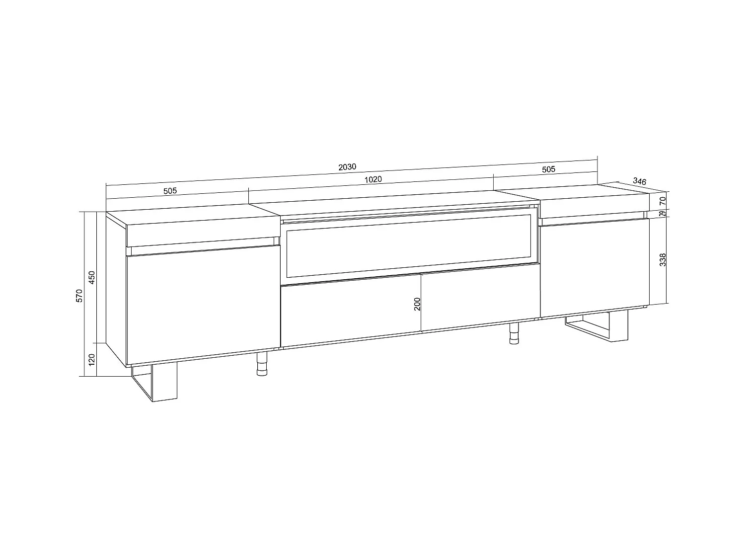 Meuble TV, Banc Télé, 200x35x57cm, Pour les TV jusqu'à 80", Cheminée électrique, Design industriel, Chêne soft et blanc
