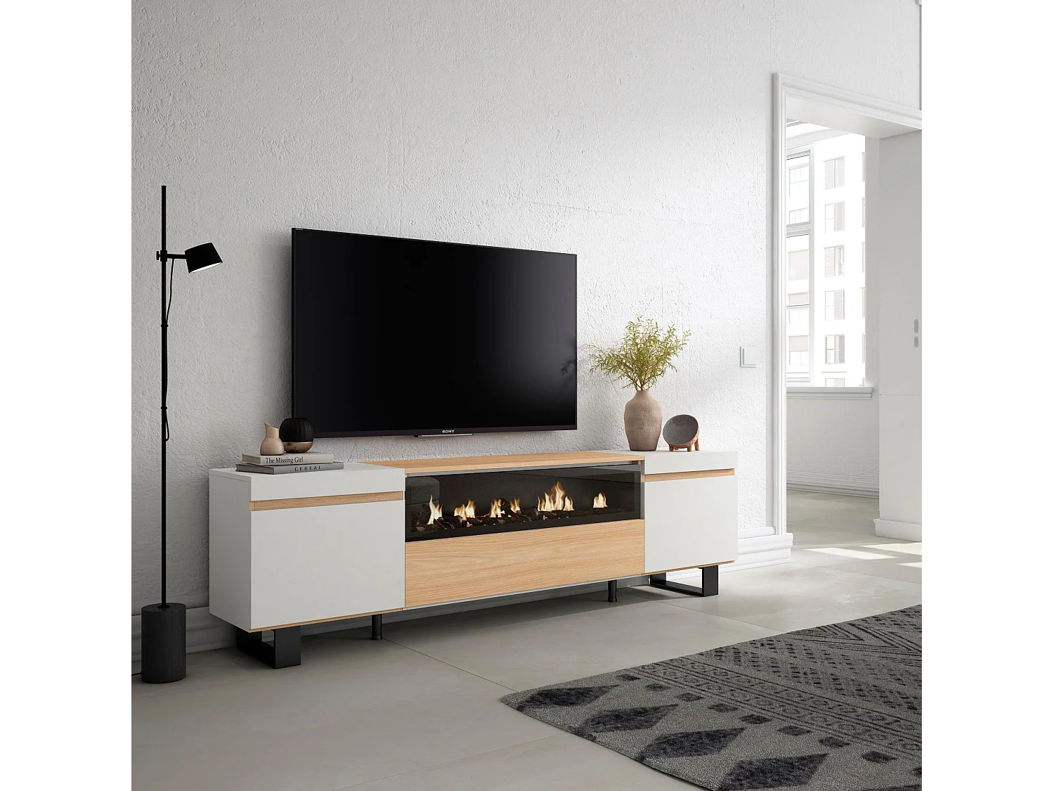TV-Schrank, Lowboard, 200x35x57cm, Für TV-Geräte bis zu 80", Elektrokamin., Industriedesign, Eiche Soft und weiß