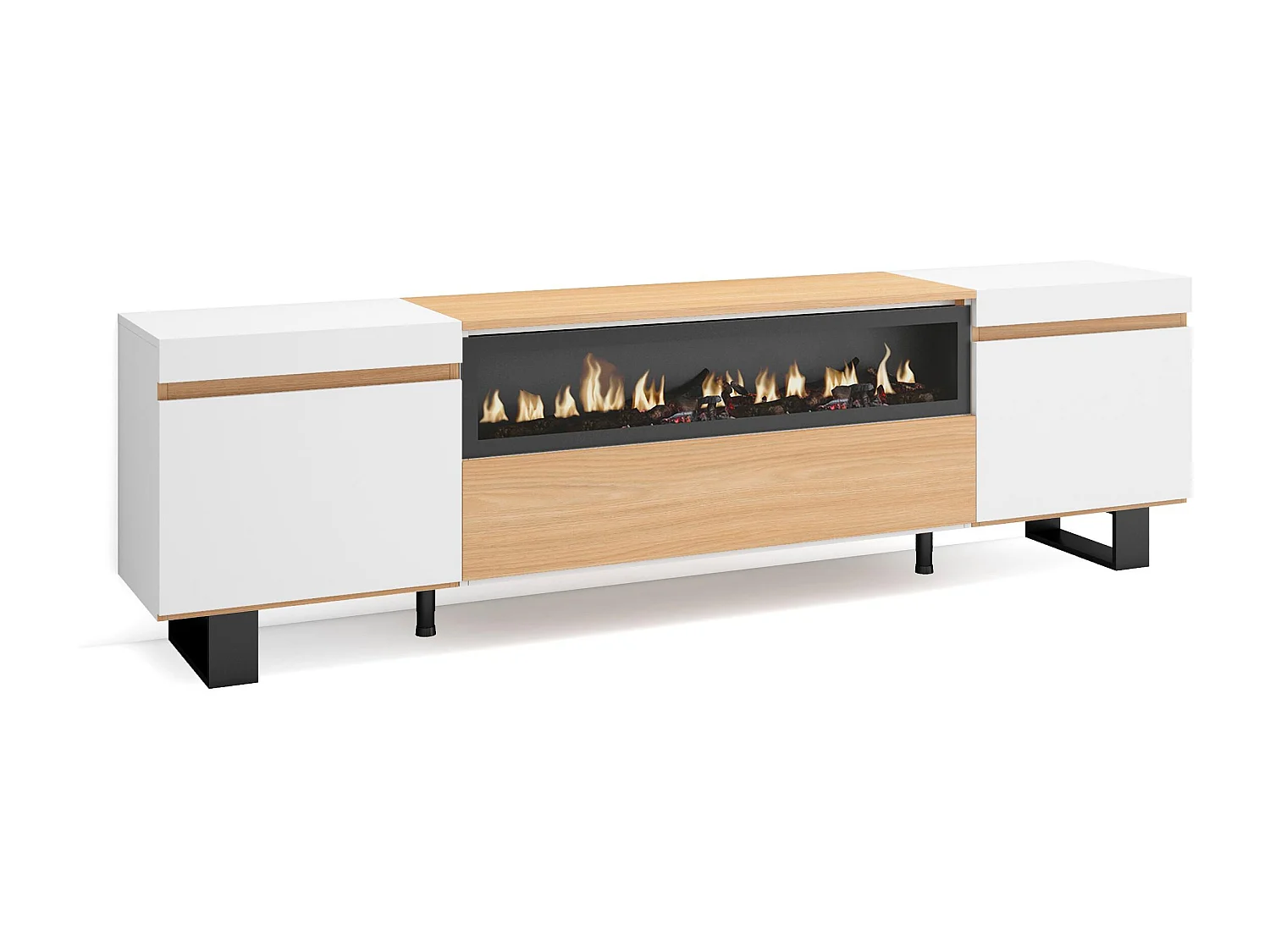 TV-Schrank, Lowboard, 200x35x57cm, Für TV-Geräte bis zu 80", Elektrokamin., Industriedesign, Eiche Soft und weiß