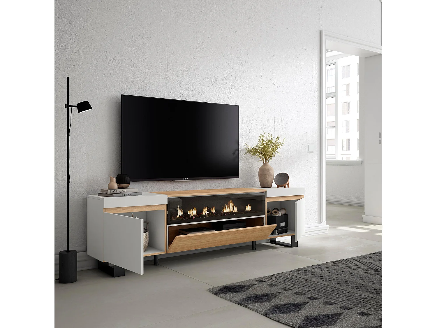 TV-Schrank, Lowboard, 200x35x57cm, Für TV-Geräte bis zu 80", Elektrokamin., Industriedesign, Eiche Soft und weiß
