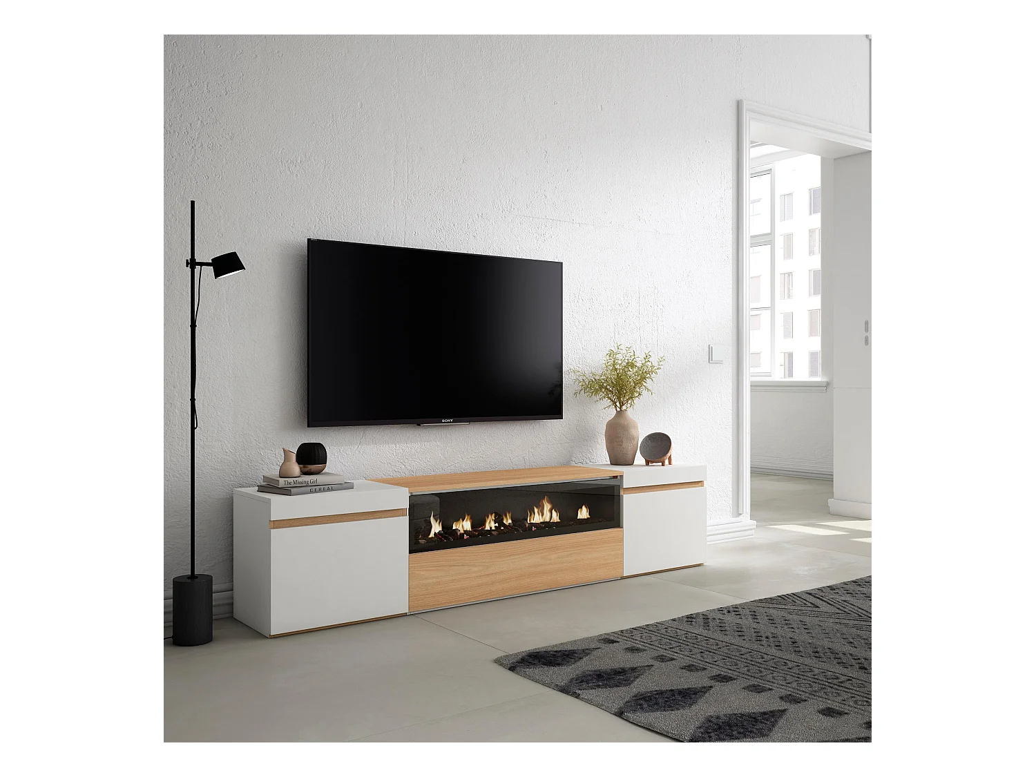 Meuble TV, Banc Télé, 200x35x45cm, Pour les TV jusqu'à 80", Cheminée électrique, Chêne soft et blanc