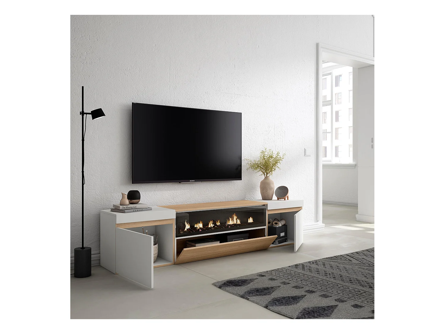 Meuble TV, Banc Télé, 200x35x45cm, Pour les TV jusqu'à 80", Cheminée électrique, Chêne soft et blanc