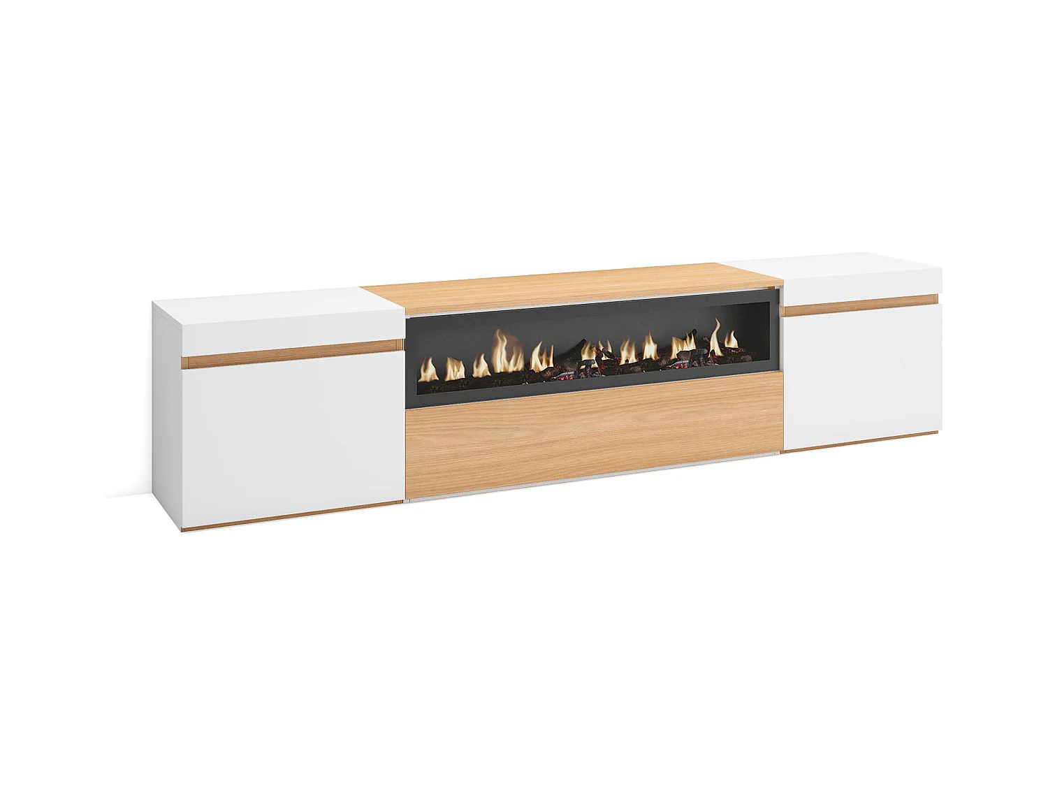 TV-Meubel, Lowboard, 200x45x35cm, Voor tv's tot 80", Elektrische haard, Eiken soft en Wit