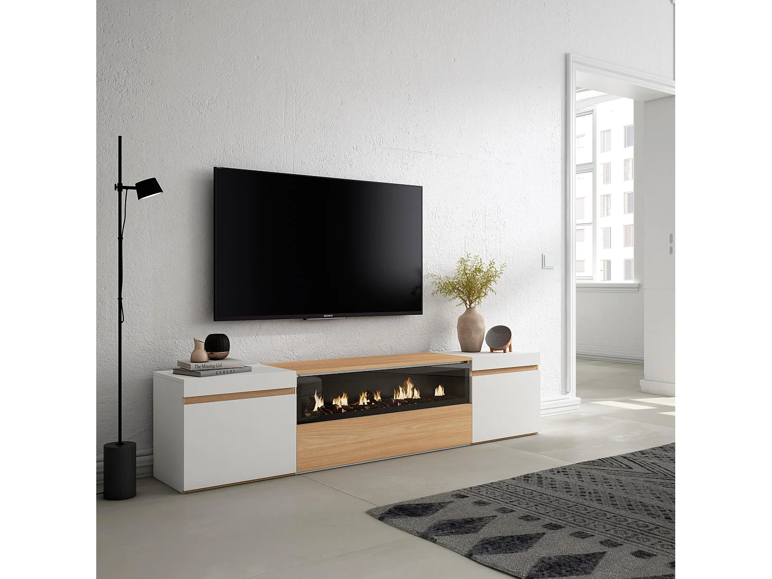 Móvel de TV, 200x35x45cm, Para televisores até 80", Lareira eléctrica, Carvalho soft e branco