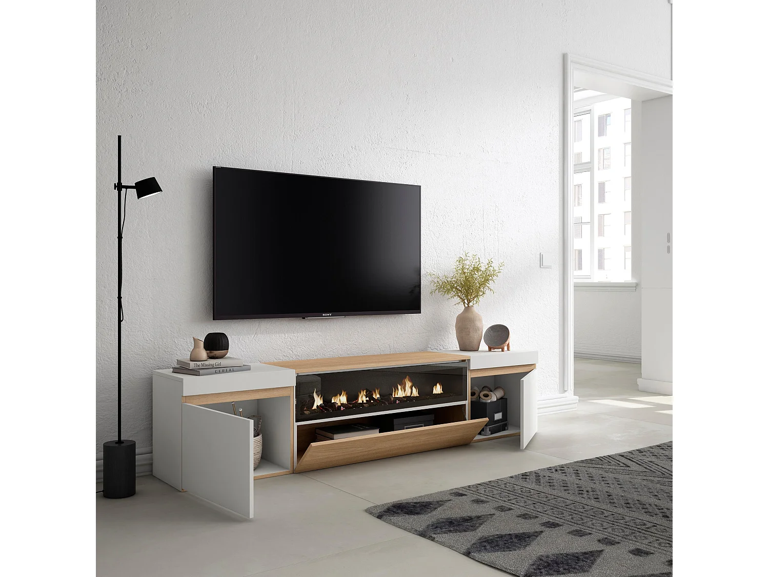 Móvel de TV, 200x35x45cm, Para televisores até 80", Lareira eléctrica, Carvalho soft e branco