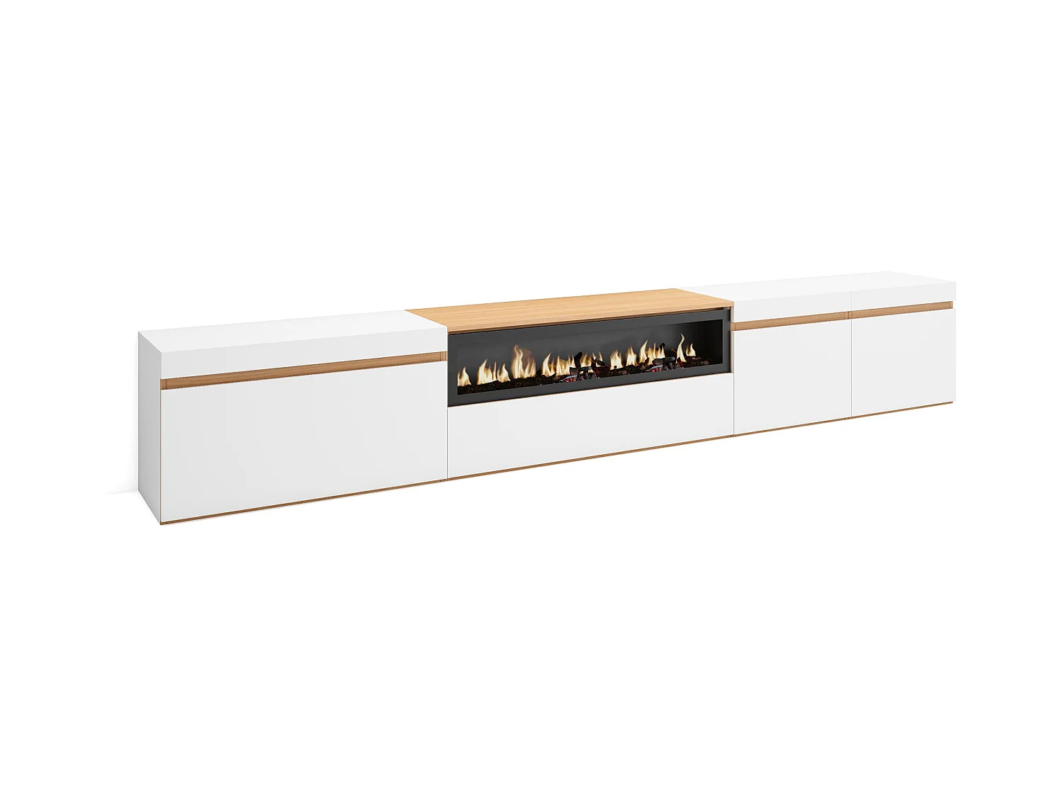 Meuble TV, Banc Télé, 288x35x45 cm, TV grand format, Cheminée électrique, Blanc et Chêne Soft