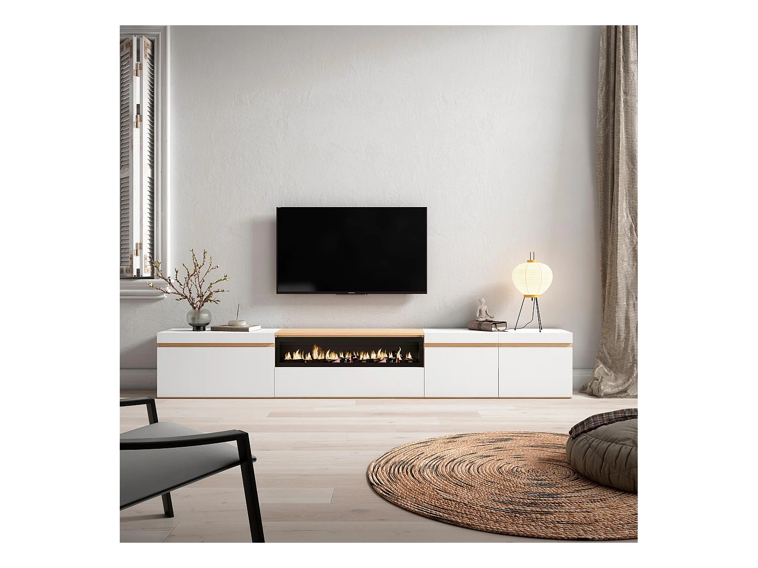 Meuble TV, Banc Télé, 288x35x45 cm, TV grand format, Cheminée électrique, Blanc et Chêne Soft