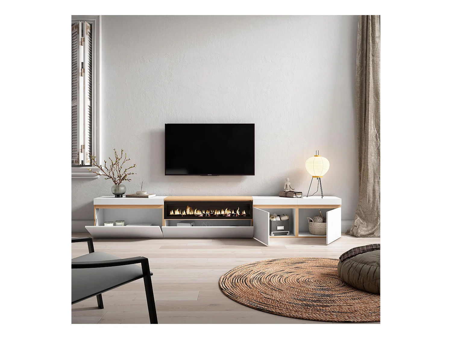 Meuble TV, Banc Télé, 288x35x45 cm, TV grand format, Cheminée électrique, Blanc et Chêne Soft