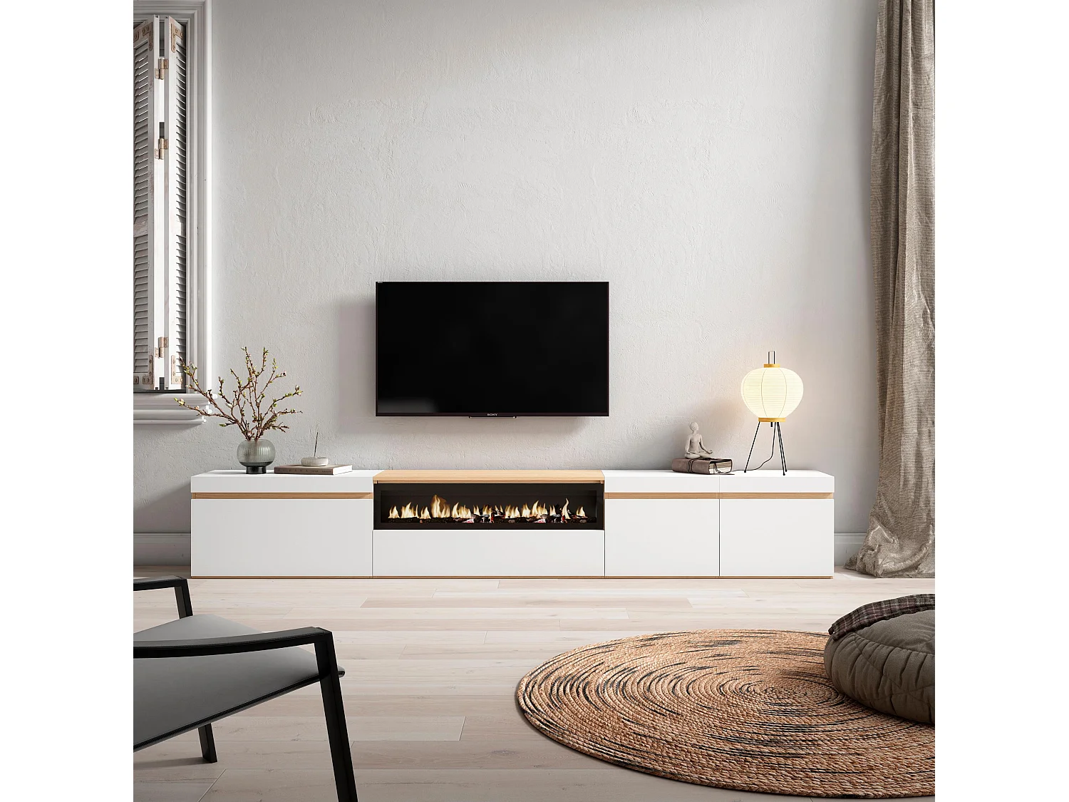 Meuble TV, Banc Télé, 288x35x45 cm, TV grand format, Cheminée électrique, Blanc et Chêne Soft