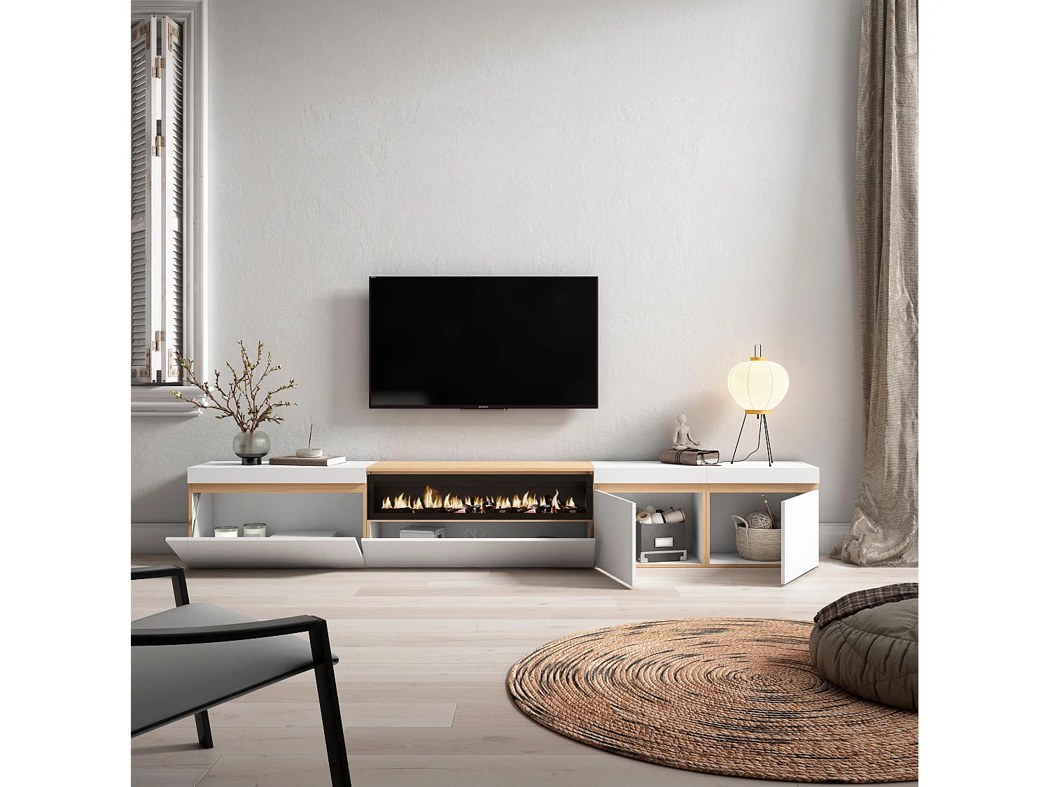 Meuble TV, Banc Télé, 288x35x45 cm, TV grand format, Cheminée électrique, Blanc et Chêne Soft