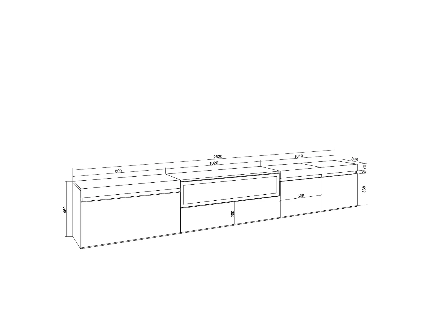 Meuble TV, Banc Télé, 288x35x45cm, TV grand format, Cheminée électrique, Blanc et Chêne Soft
