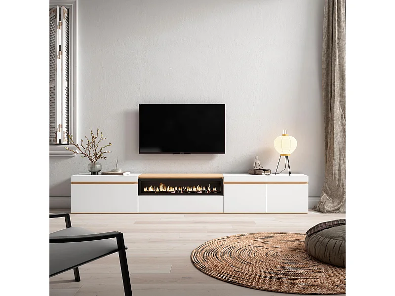 TV-Meubel, Lowboard, 288x35x45cm, Groot formaat TV, Elektrische haard, Wit en Eiken soft