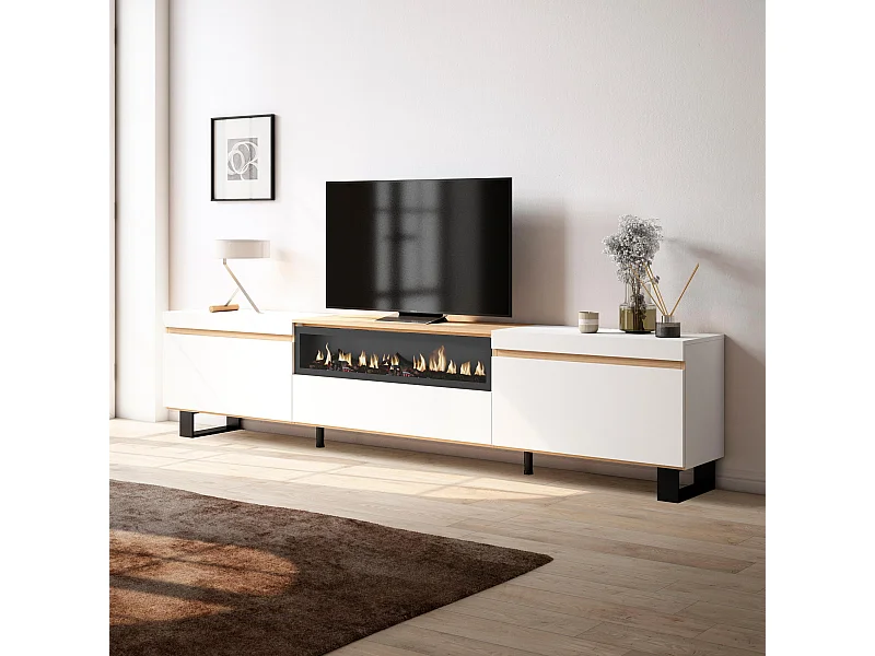 Mobile TV Soggiorno, 260x35x57cm, TV di grande formato, Camino elettrico, Design industriale, Bianco e Rovere soft