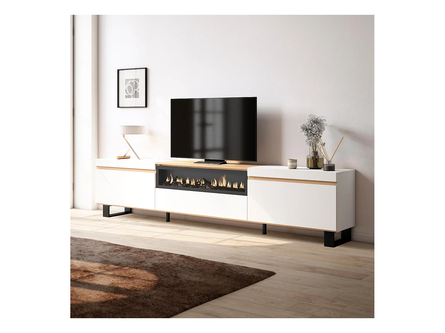 Mobile TV Soggiorno, 260x35x57cm, TV di grande formato, Camino elettrico, Design industriale, Bianco e Rovere soft