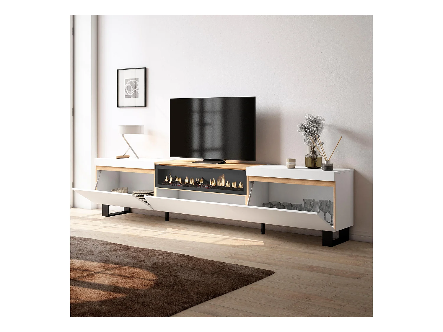 Mobile TV Soggiorno, 260x35x57cm, TV di grande formato, Camino elettrico, Design industriale, Bianco e Rovere soft