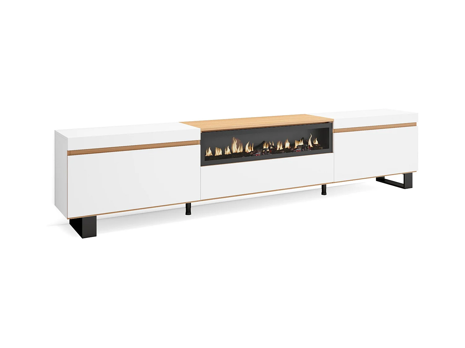 TV-Schrank, Lowboard, 260x35x57 cm, Für großformatiges TV, Elektrokamin., Industriedesign, Weiß und Eiche Soft