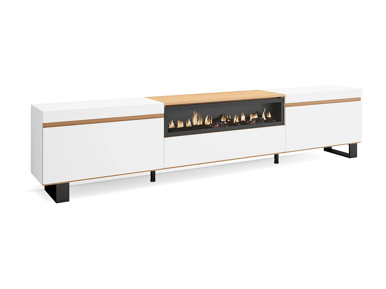 Mobile TV Soggiorno, 260x35x57cm, TV di grande formato, Camino elettrico, Design industriale, Bianco e Rovere soft