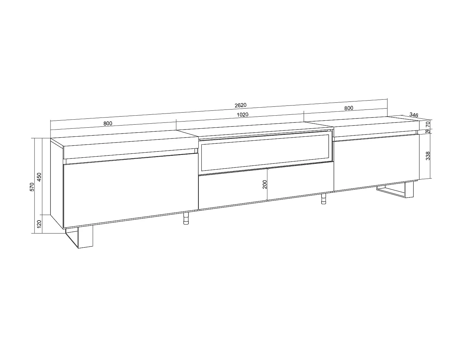 Mobile TV Soggiorno, 260x35x57cm, TV di grande formato, Camino elettrico, Design industriale, Bianco e Rovere soft