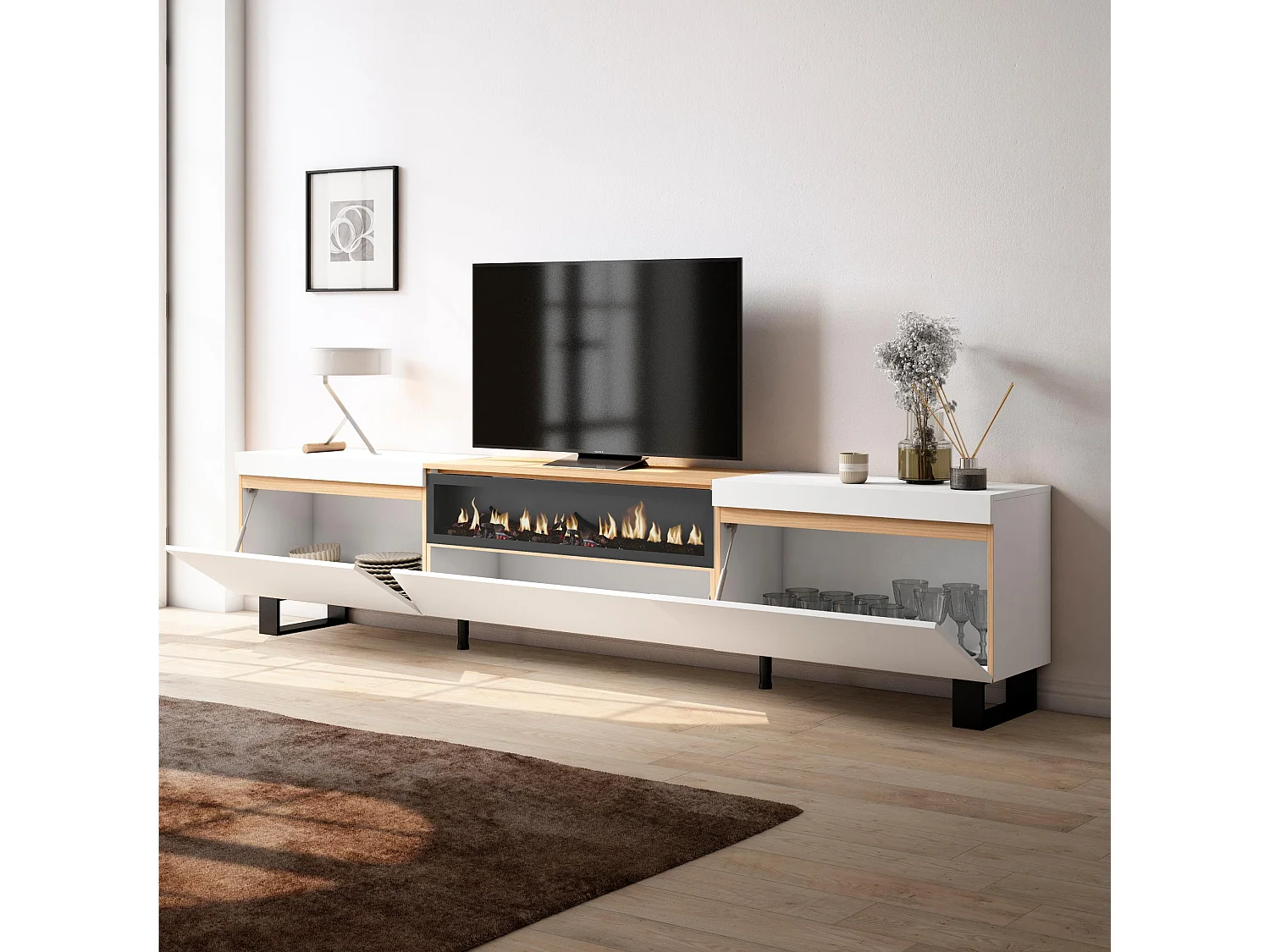 TV-Schrank, Lowboard, 260x35x57 cm, Für großformatiges TV, Elektrokamin., Industriedesign, Weiß und Eiche Soft