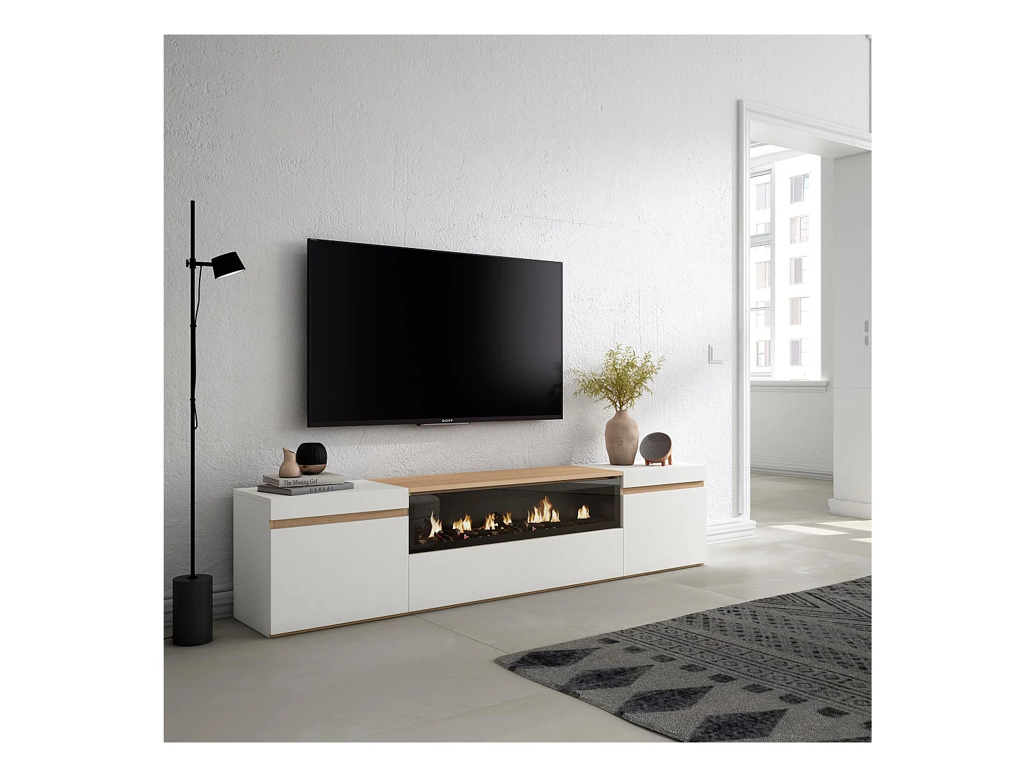 Meuble TV, Banc Télé, 200x35x45cm, Pour les TV jusqu'à 80", Cheminée électrique, Blanc et Chêne Soft