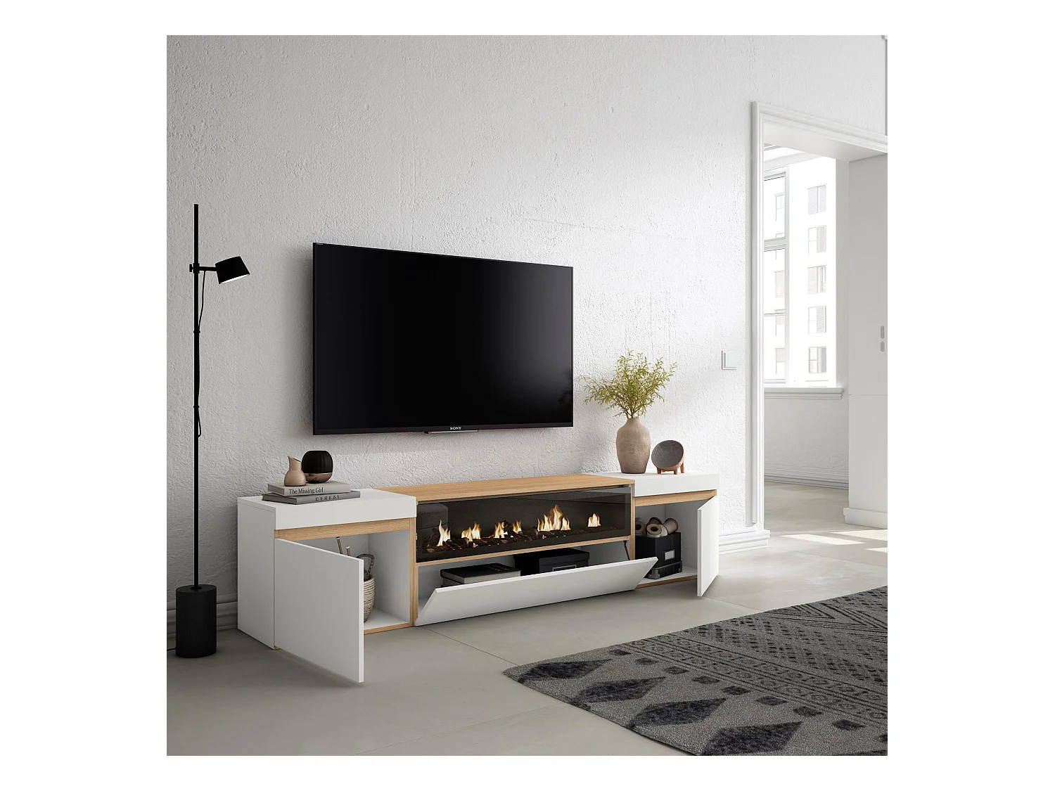 Meuble TV, Banc Télé, 200x35x45cm, Pour les TV jusqu'à 80", Cheminée électrique, Blanc et Chêne Soft