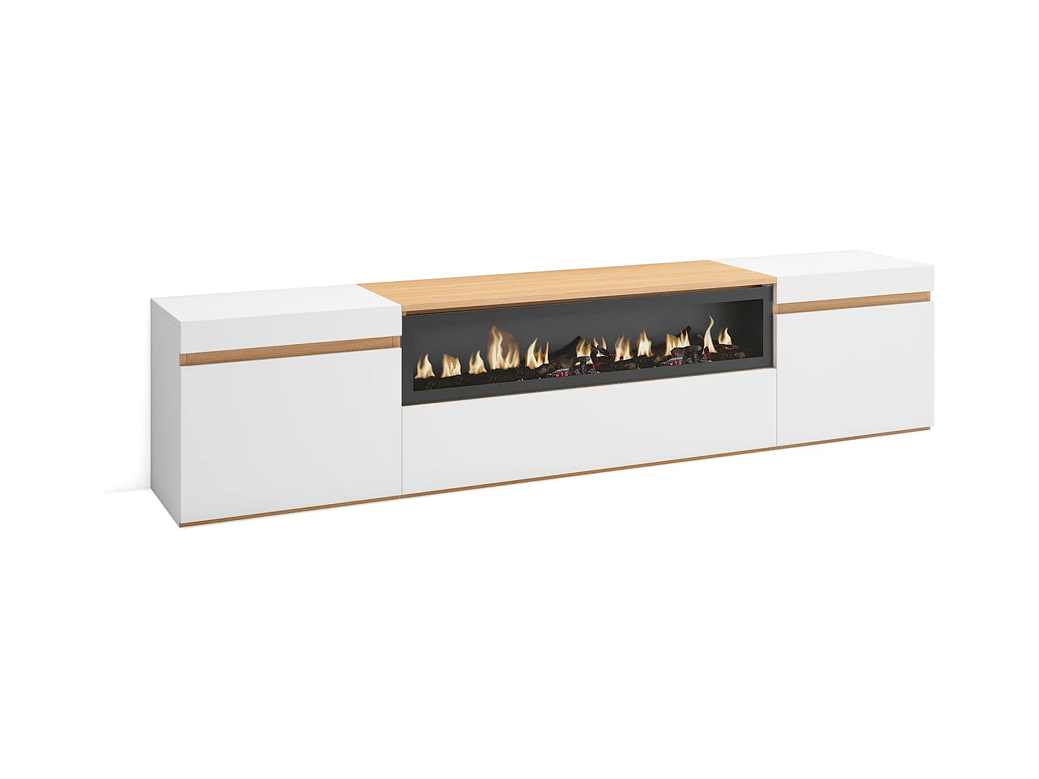 Meuble TV, Banc Télé, 200x35x45cm, Pour les TV jusqu'à 80", Cheminée électrique, Blanc et Chêne Soft