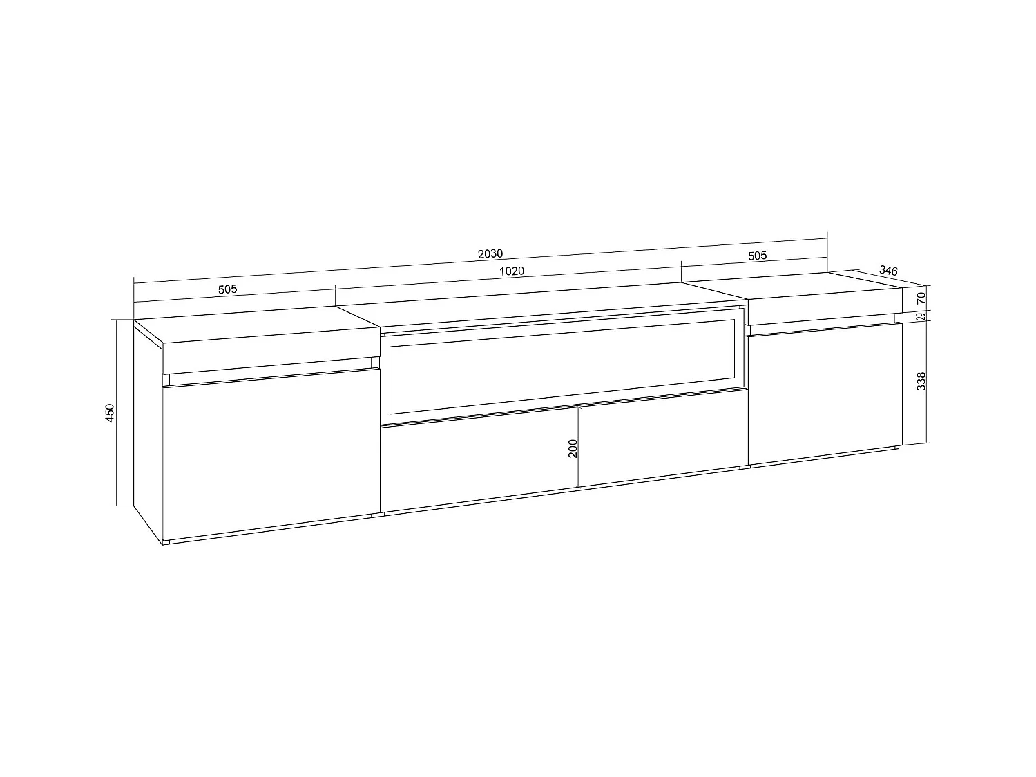 Meuble TV, Banc Télé, 200x35x45cm, Pour les TV jusqu'à 80", Cheminée électrique, Blanc et Chêne Soft
