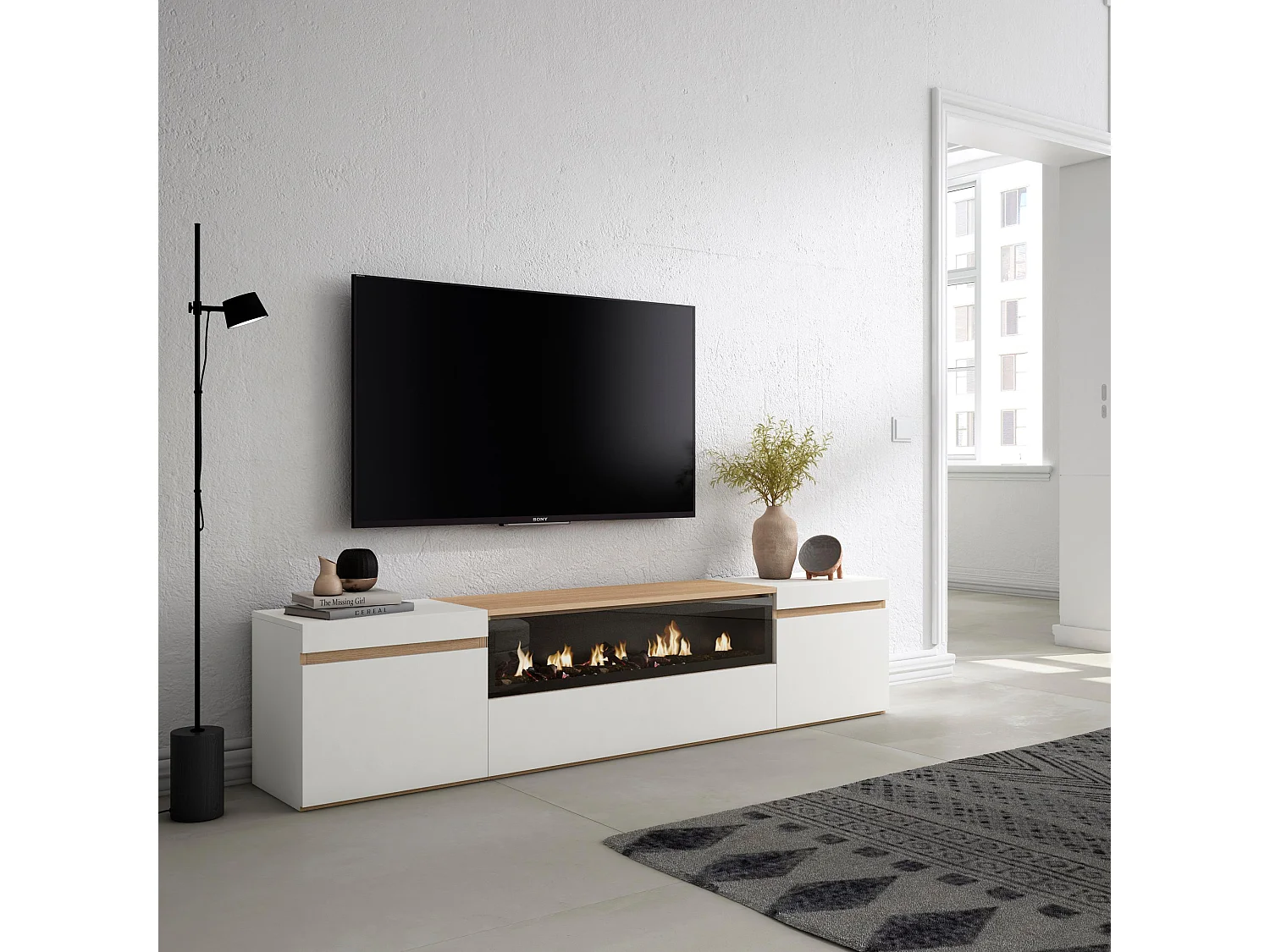Mobile TV Soggiorno, 200x35x45cm, Per TV fino a 80", Camino elettrico, Bianco e Rovere soft