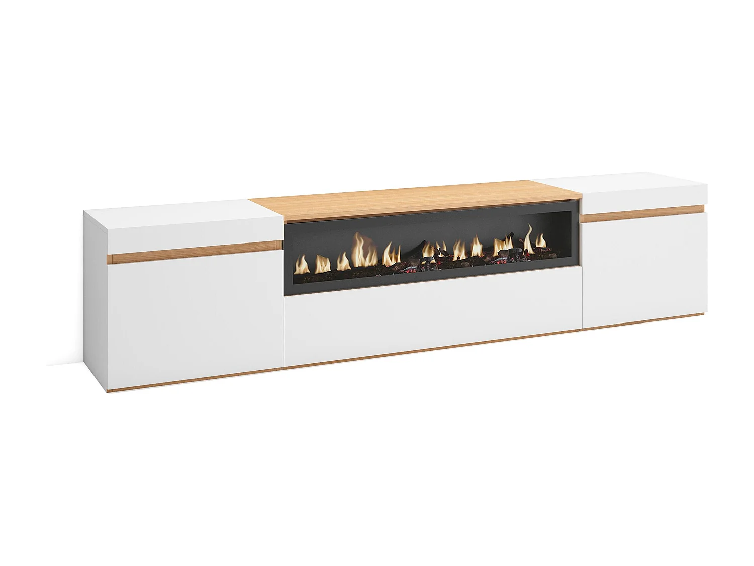 Mobile TV Soggiorno, 200x35x45cm, Per TV fino a 80", Camino elettrico, Bianco e Rovere soft