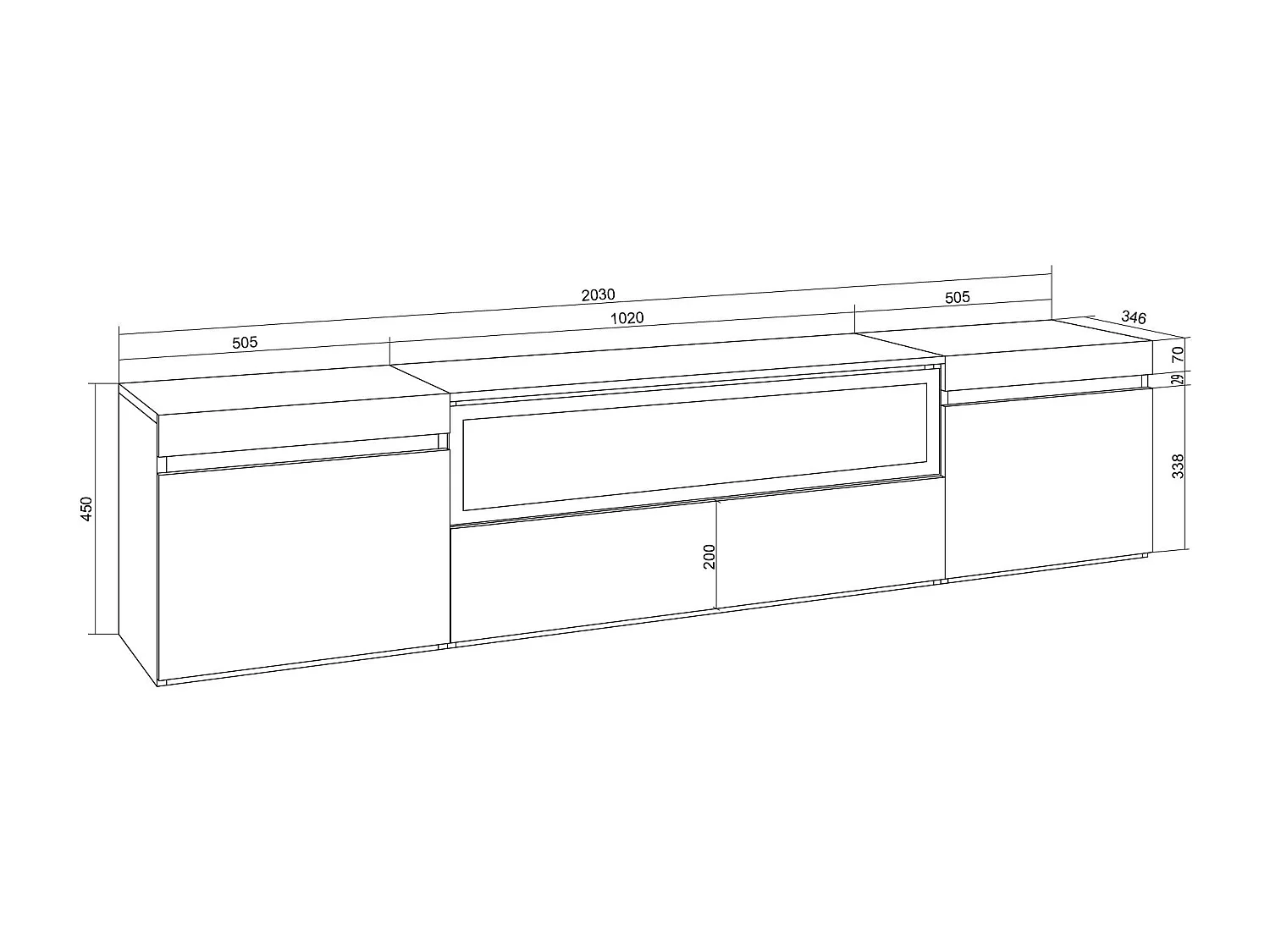 Mobile TV Soggiorno, 200x35x45cm, Per TV fino a 80", Camino elettrico, Bianco e Rovere soft