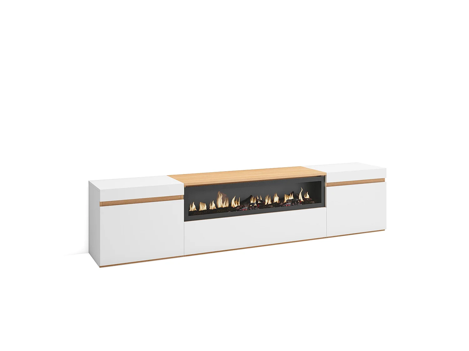 Meuble TV, Banc Télé, 200x35x45cm, Pour les TV jusqu'à 80", Cheminée électrique, Blanc et Chêne Soft